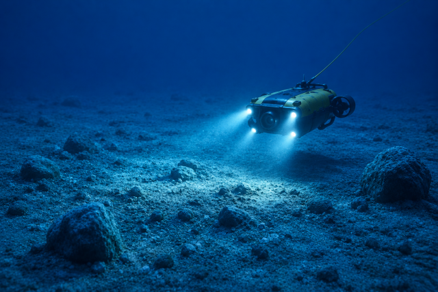 Représentation d’un robot sous-marin explorant les profondeurs océaniques pour des missions d’observation ou de recherche.