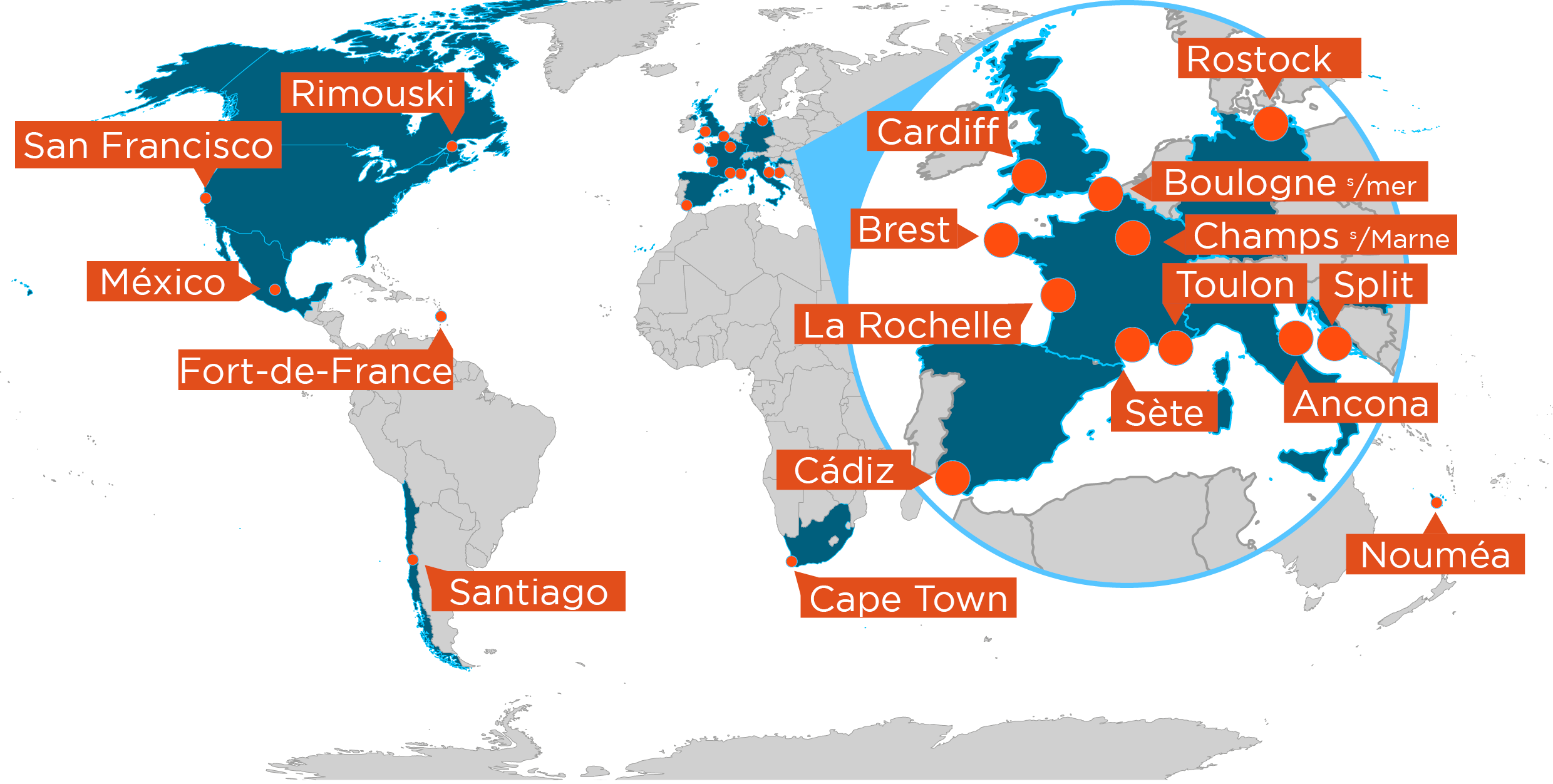 Map of cities hosting Ocean Hackathon® 2021