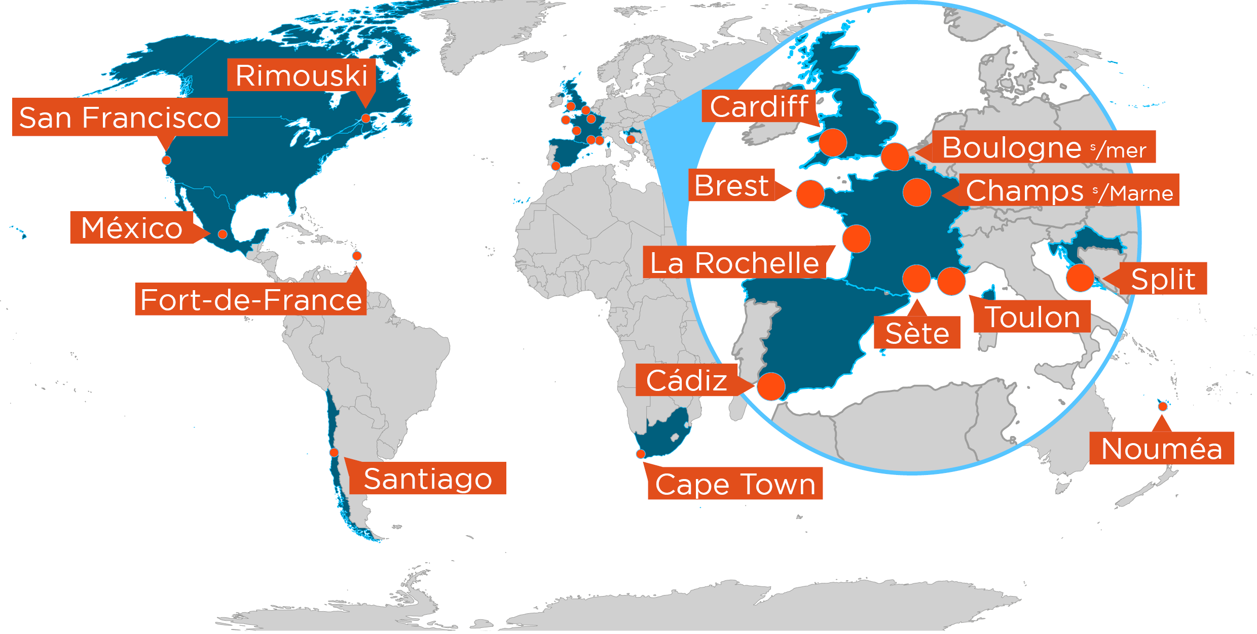 Carte des villes organisant Ocean Hackathon® 2021