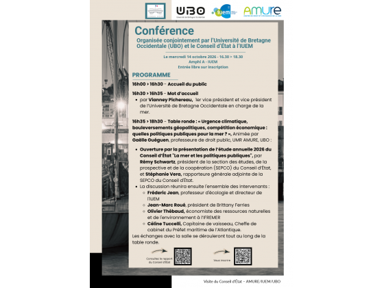 Conférence organisée conjointement par l’Université de Bretagne Occidentale (UBO) et le Conseil d’État à l’IUEM « La mer et les politiques publiques » 